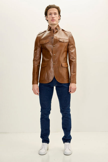 Men's Mandarin Collar Safari Jacket - Brown | Ron Tomson