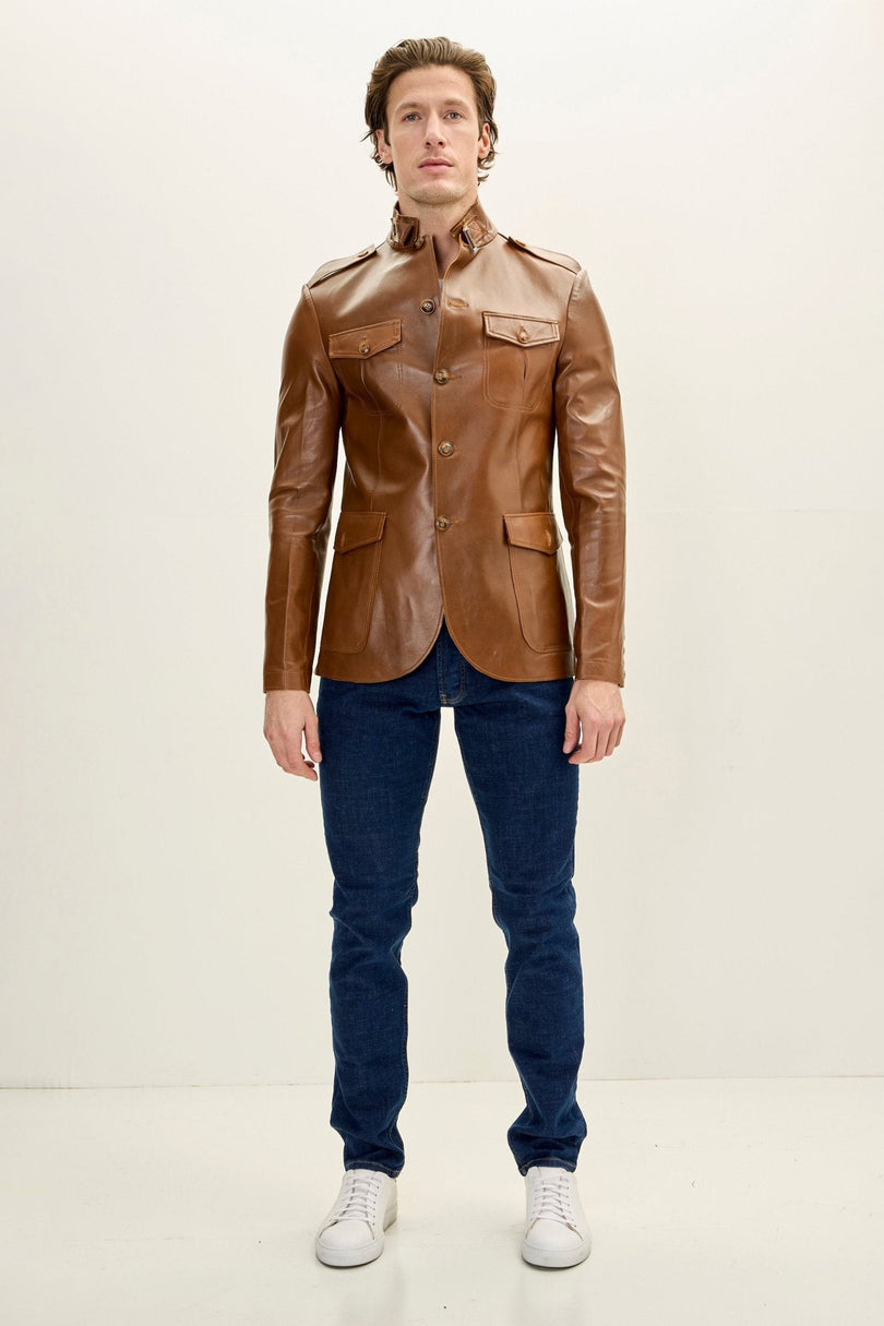 Men's Mandarin Collar Safari Jacket - Brown | Ron Tomson