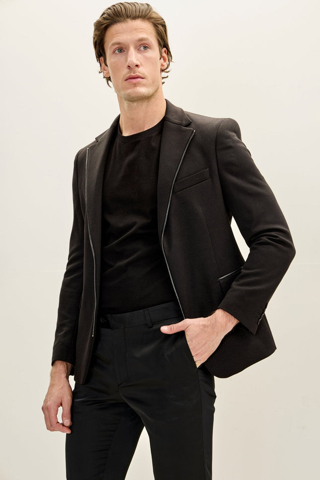 Notch Lapel Zipper-End Blazer - Black