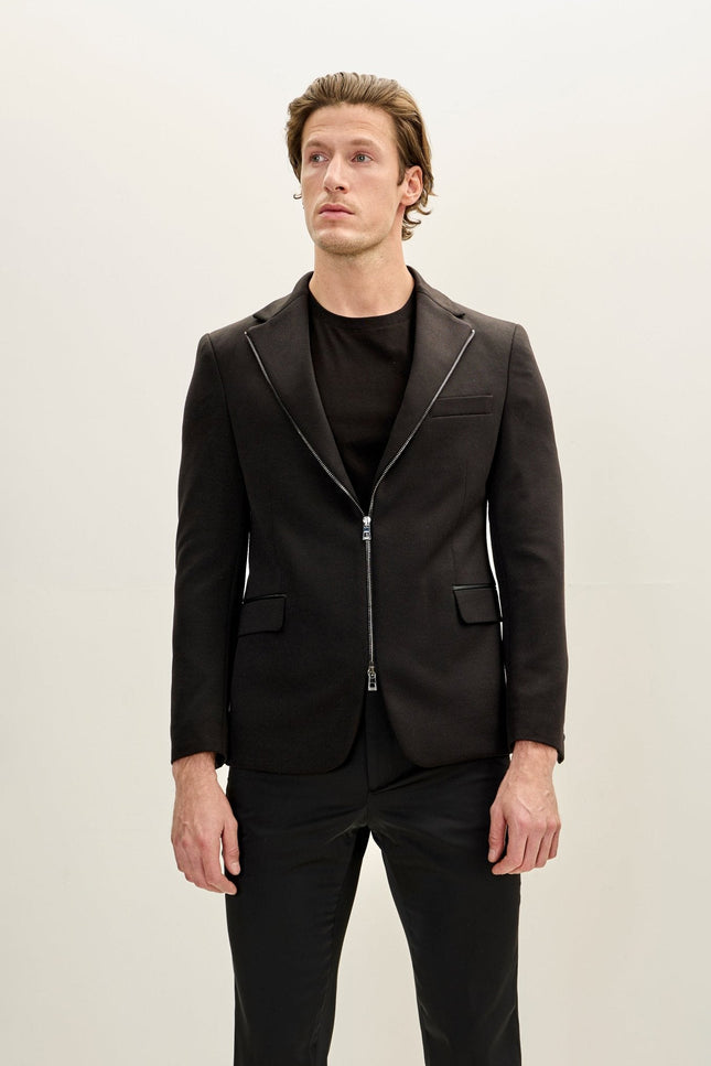 Notch Lapel Zipper-End Blazer - Black