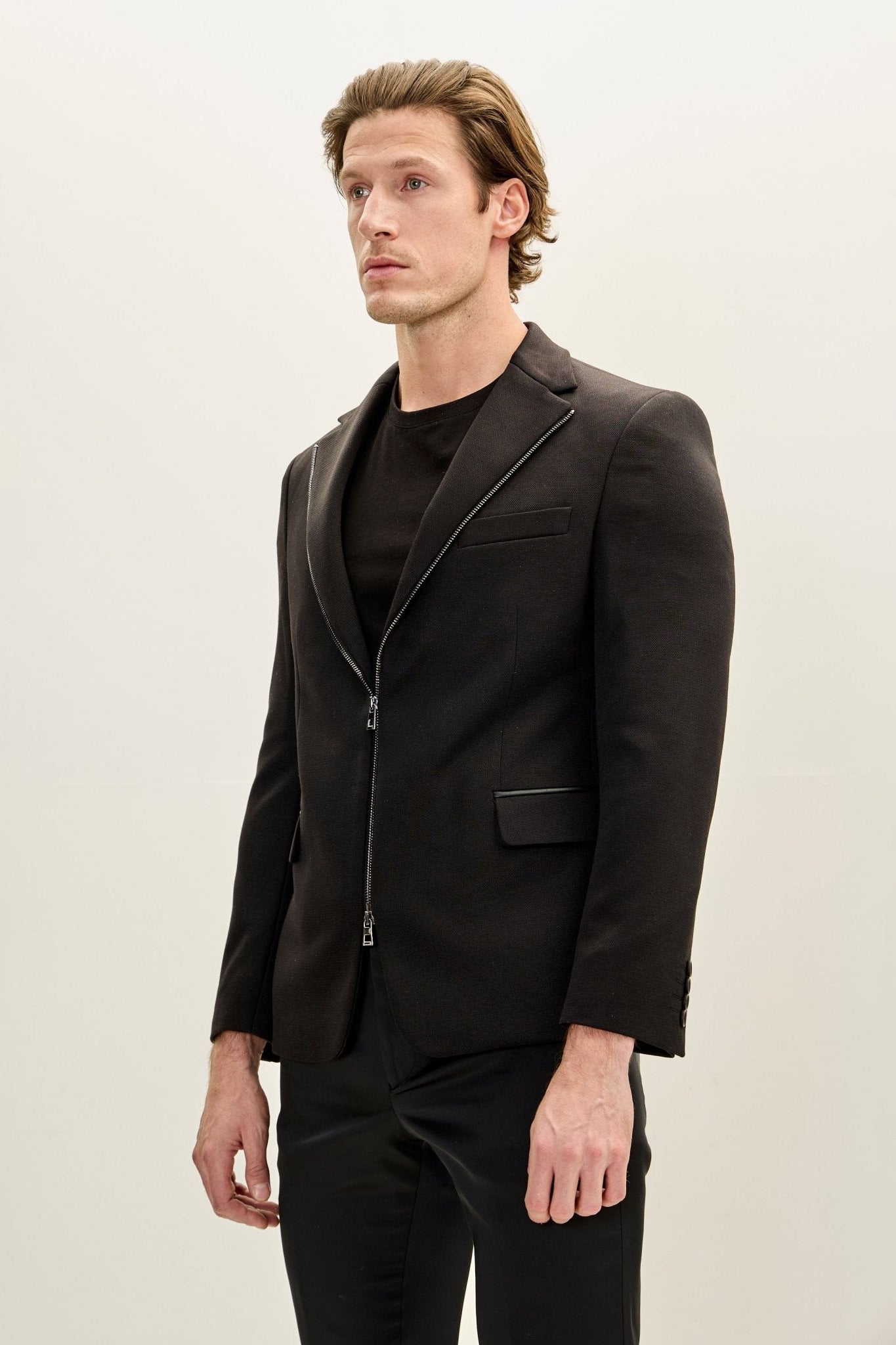 grey dress pants black blazer Men's Notch Lapel Zipper-End Blazer - Black