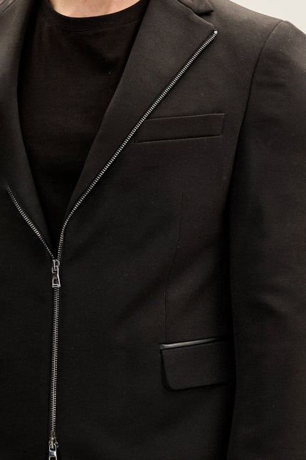 Men's Notch Lapel Zipper-End Blazer - Black | Ron Tomson