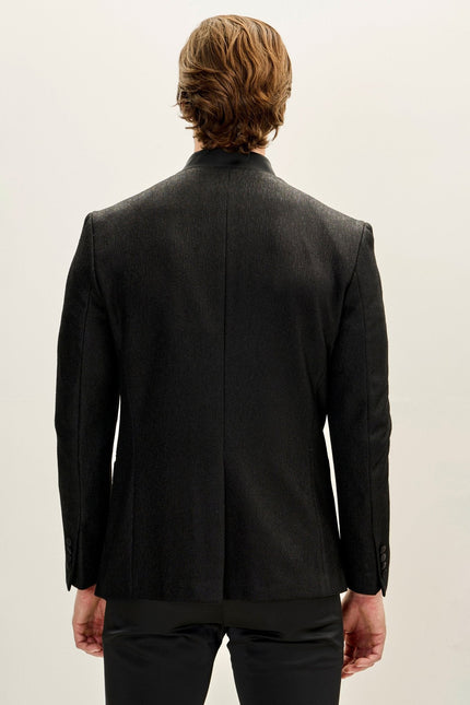 Men's Streaked Satin Mandarin Collar Tuxedo -  Black | Ron Tomson