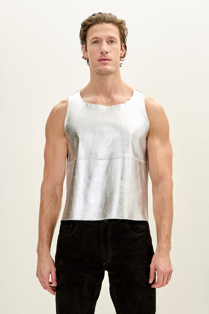 Men's Lambskin Leather Tank Top - Silver | Ron Tomson