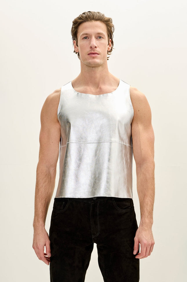 Men's Lambskin Leather Tank Top - Silver | Ron Tomson