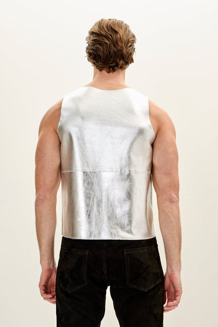 Men's Lambskin Leather Tank Top - Silver | Ron Tomson