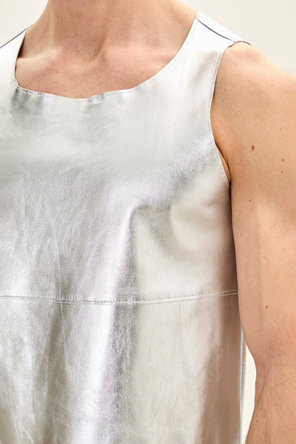 Men's Lambskin Leather Tank Top - Silver | Ron Tomson