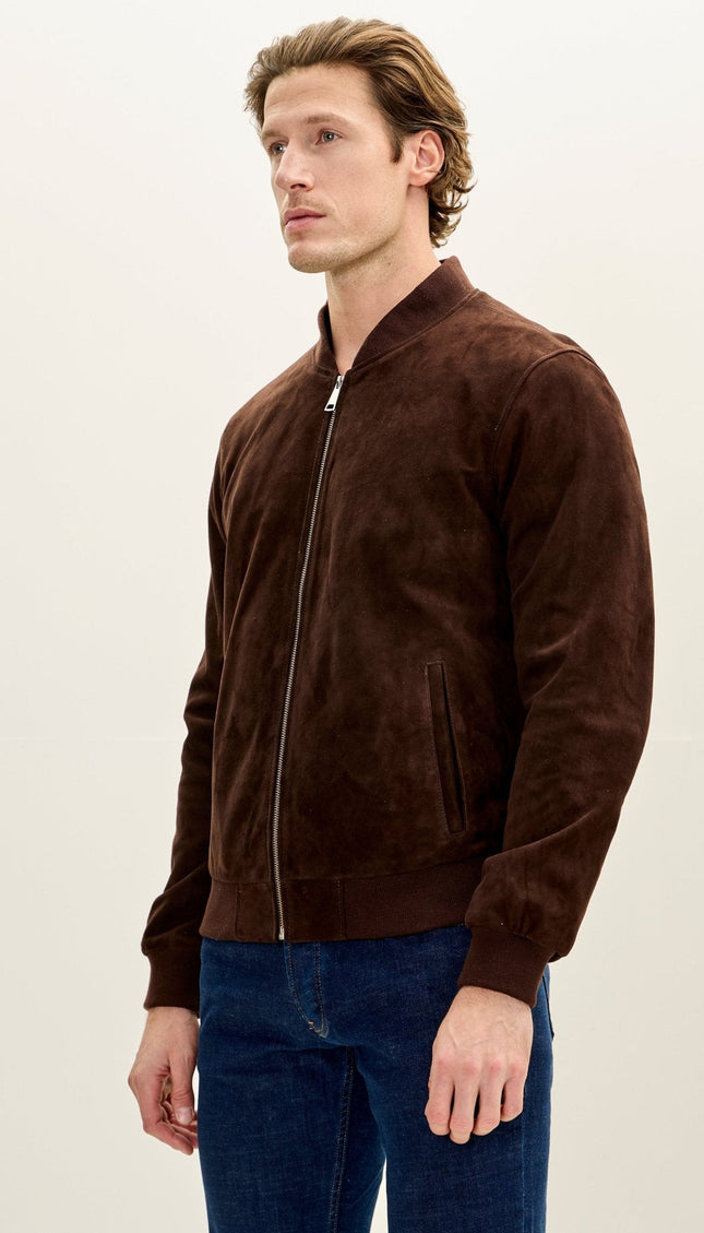 Classic Suede Leather Bomber - Chocolate Brown