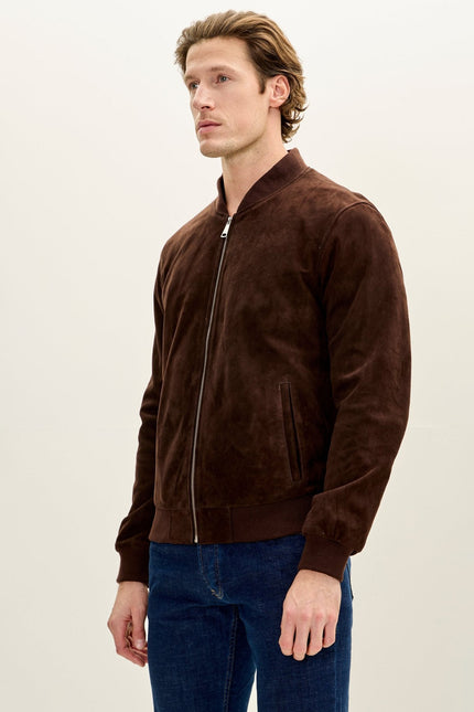 Men's Classic Suede Leather Bomber - Chocolate Brown | Ron Tomson