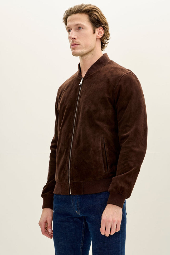 Men's Classic Suede Leather Bomber - Chocolate Brown | Ron Tomson