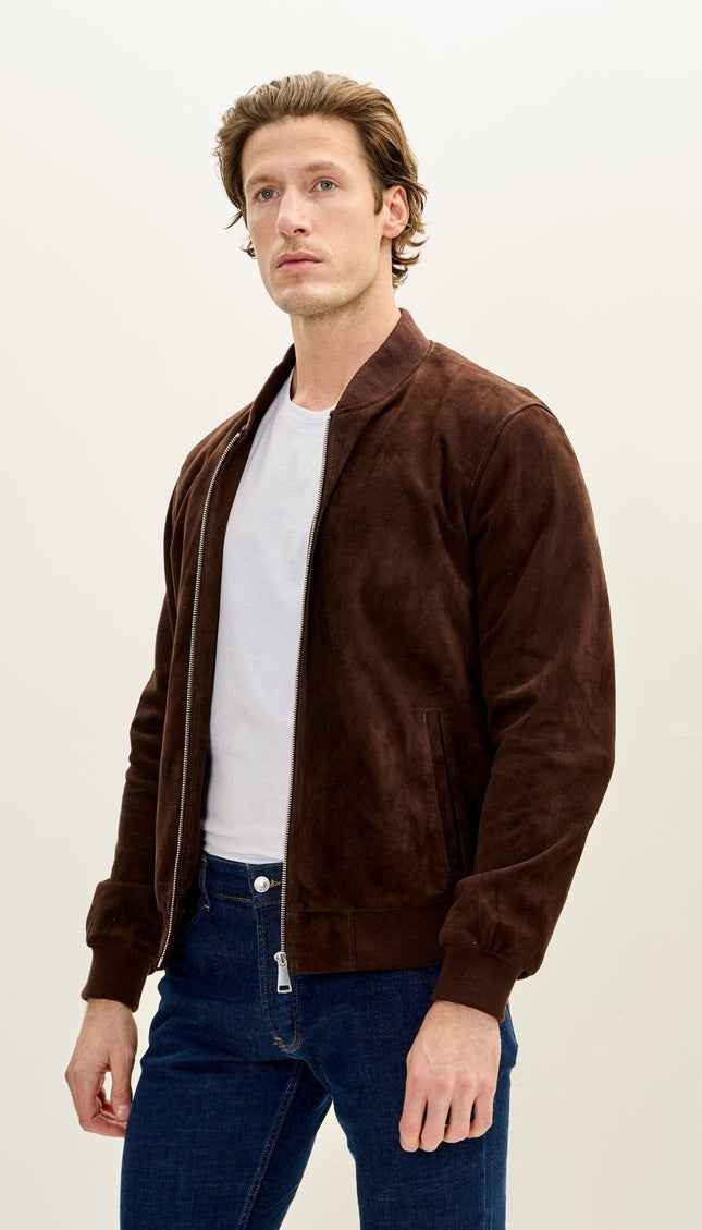 Classic Suede Leather Bomber - Chocolate Brown