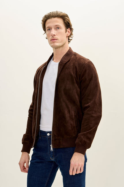 Men's Classic Suede Leather Bomber - Chocolate Brown | Ron Tomson