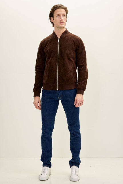 Men's Classic Suede Leather Bomber - Chocolate Brown | Ron Tomson