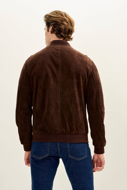 Men's Classic Suede Leather Bomber - Chocolate Brown | Ron Tomson