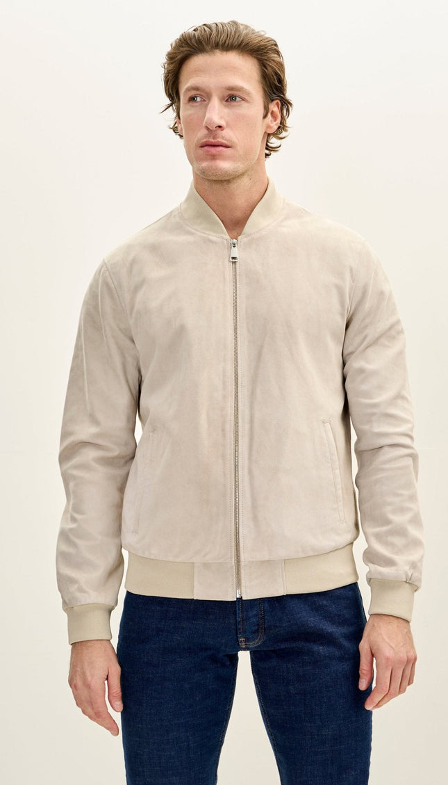 Classic Suede Leather Bomber Jacket - Beige