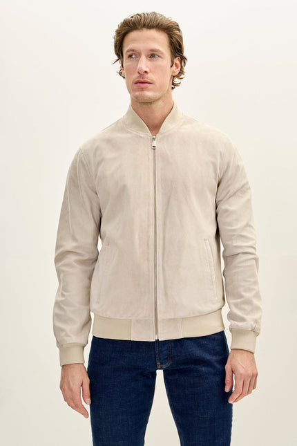 Men's Classic Suede Leather Bomber Jacket - Beige | Ron Tomson