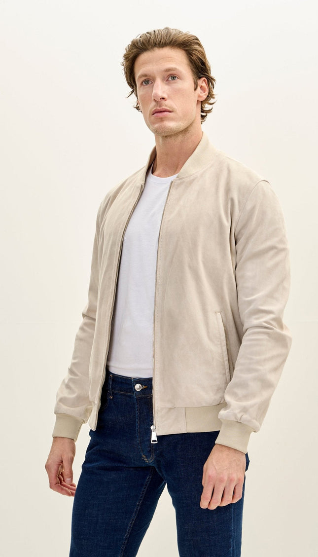 Classic Suede Leather Bomber Jacket - Beige