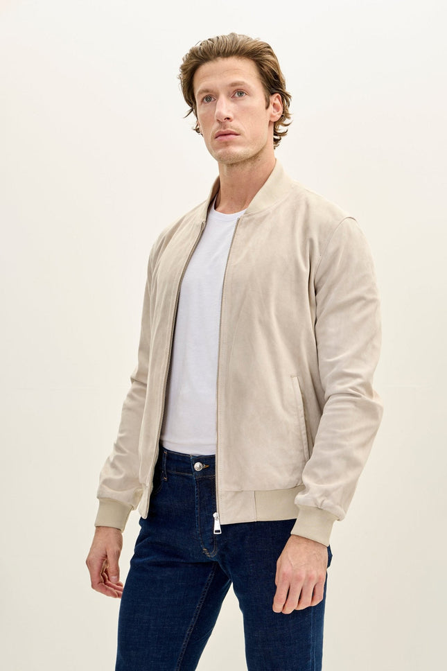 Men's Classic Suede Leather Bomber Jacket - Beige | Ron Tomson