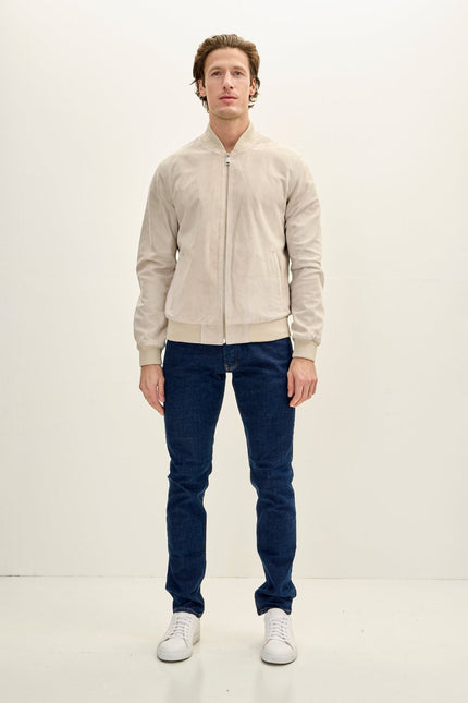 Men's Classic Suede Leather Bomber Jacket - Beige | Ron Tomson