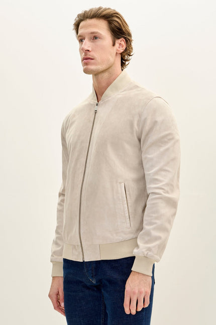 Men's Classic Suede Leather Bomber Jacket - Beige | Ron Tomson