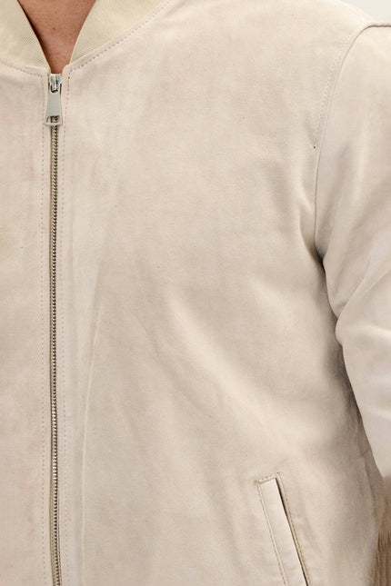 Men's Classic Suede Leather Bomber Jacket - Beige | Ron Tomson