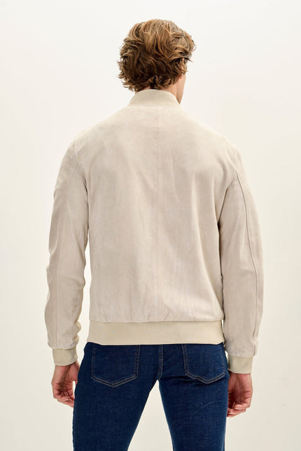 Men's Classic Suede Leather Bomber Jacket - Beige | Ron Tomson