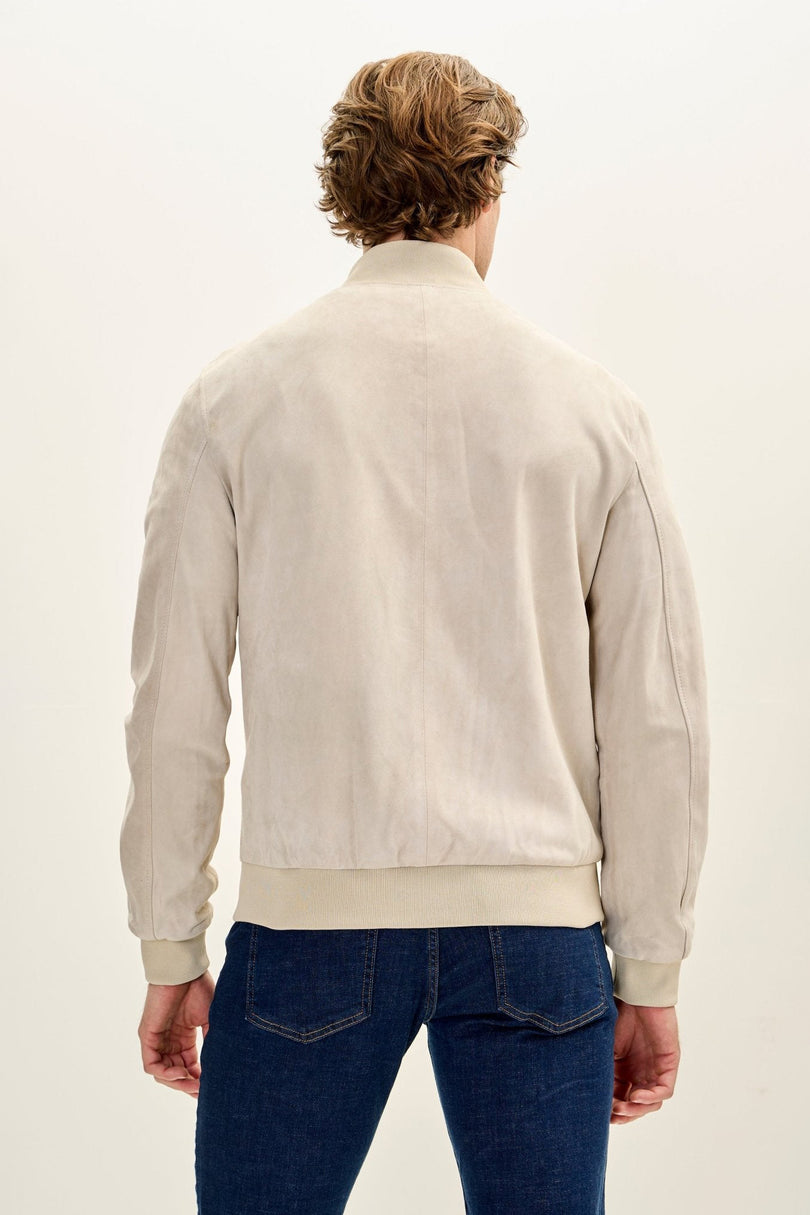 Men's Classic Suede Leather Bomber Jacket - Beige | Ron Tomson