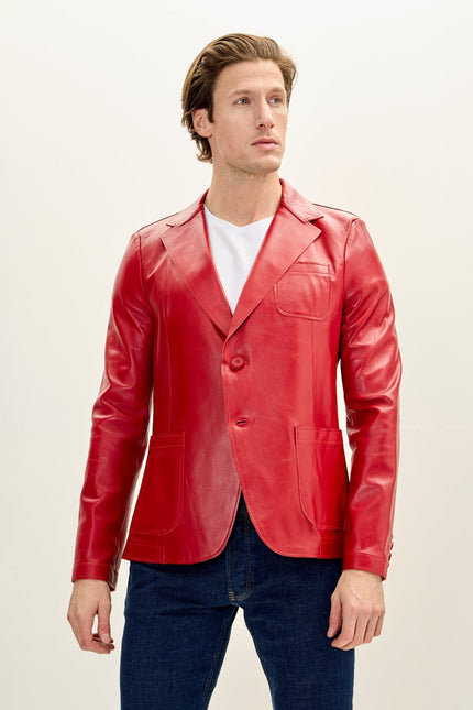 Men's Classic Two-Button Leather Blazer - Red | Ron Tomson