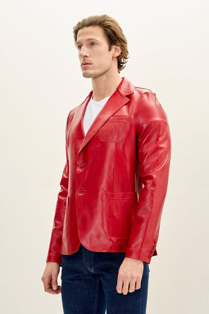 Men's Classic Two-Button Leather Blazer - Red | Ron Tomson