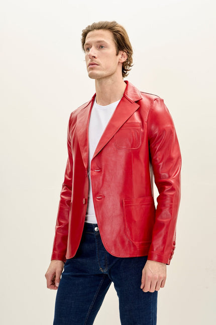 Men's Classic Two-Button Leather Blazer - Red | Ron Tomson