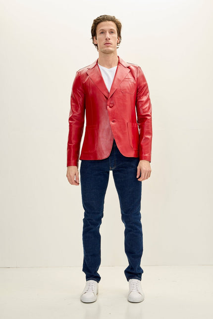 Men's Classic Two-Button Leather Blazer - Red | Ron Tomson