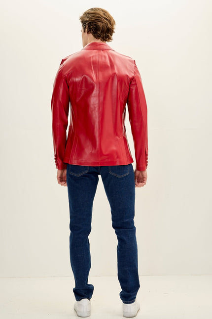 Men's Classic Two-Button Leather Blazer - Red | Ron Tomson