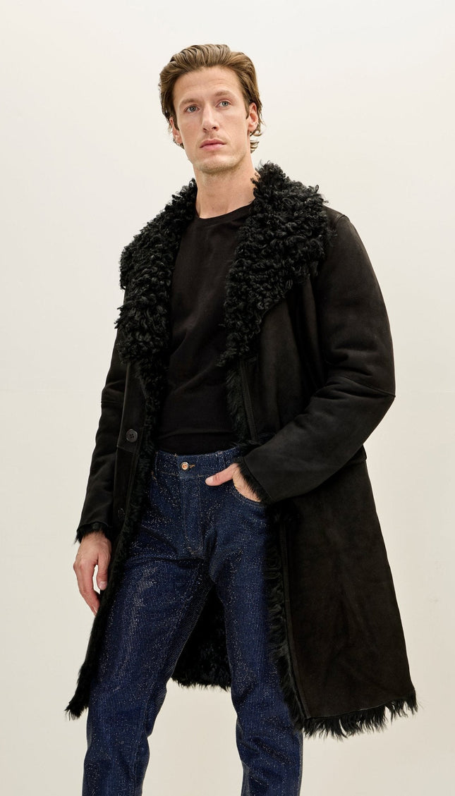 Suede Overcoat with Toscana Shearling Lining - Black