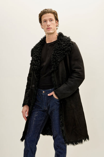 Men's Suede Overcoat with Toscana Shearling Lining - Black | Ron Tomson