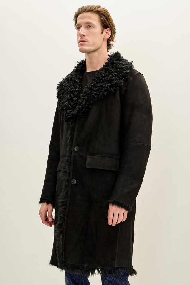Men's Suede Overcoat with Toscana Shearling Lining - Black | Ron Tomson
