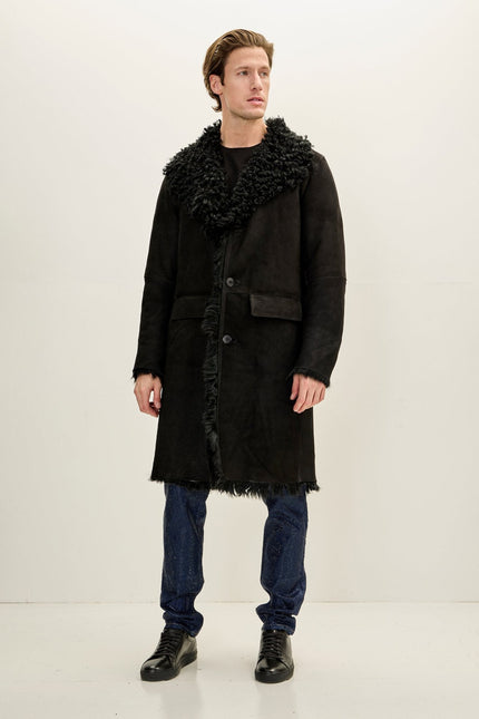 Men's Suede Overcoat with Toscana Shearling Lining - Black | Ron Tomson