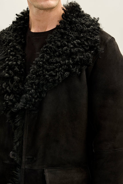 Men's Suede Overcoat with Toscana Shearling Lining - Black | Ron Tomson