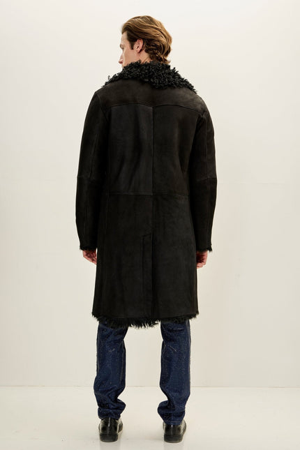 Men's Suede Overcoat with Toscana Shearling Lining - Black | Ron Tomson