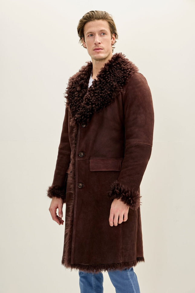 Men's Shearling-Lined Lambskin Suede Overcoat - Brown | Ron Tomson