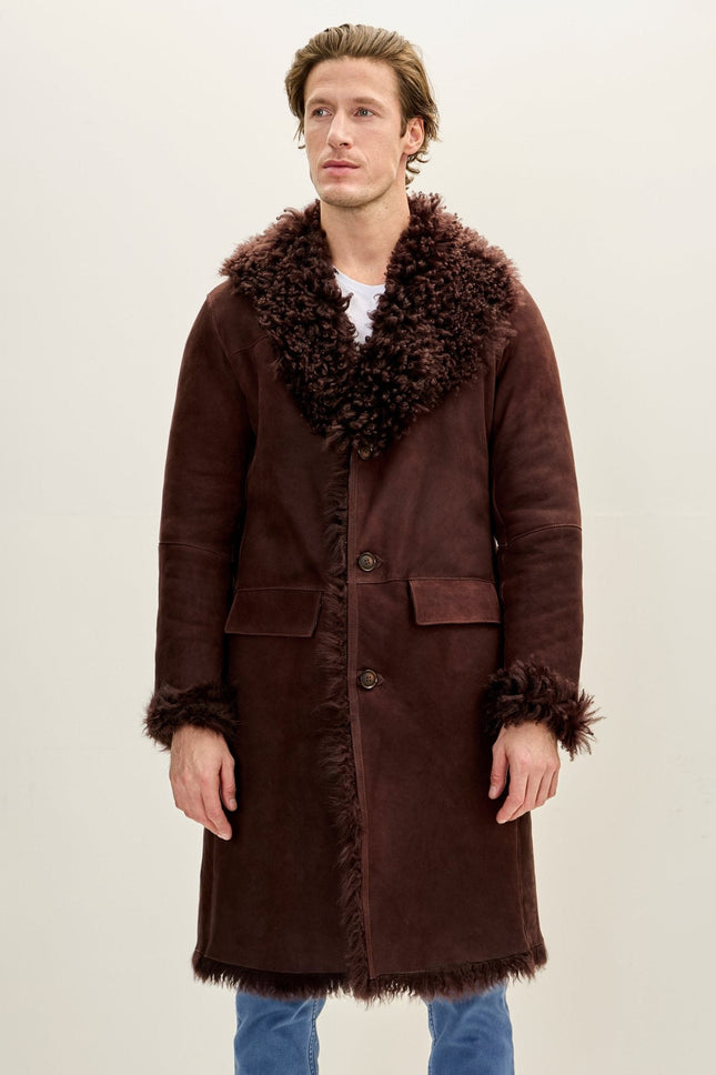 Men's Shearling-Lined Lambskin Suede Overcoat - Brown | Ron Tomson