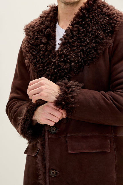Men's Shearling-Lined Lambskin Suede Overcoat - Brown | Ron Tomson