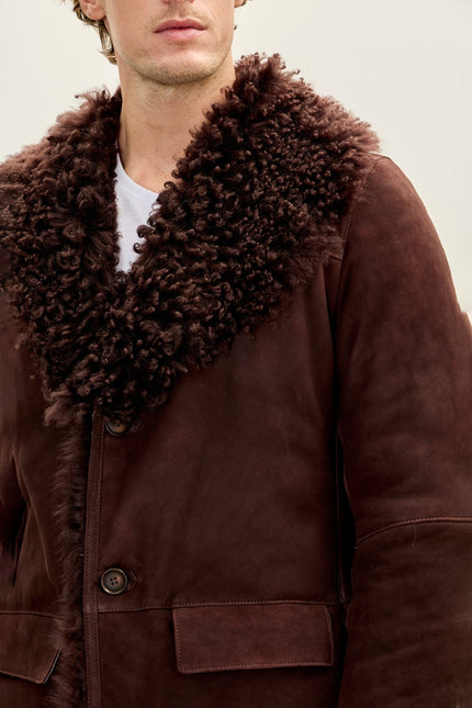 Men's Shearling-Lined Lambskin Suede Overcoat - Brown | Ron Tomson