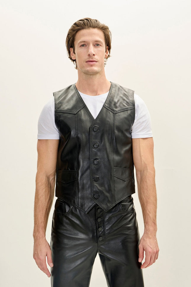 Men's Club-Style Lambskin Leather Vest - Black | Ron Tomson