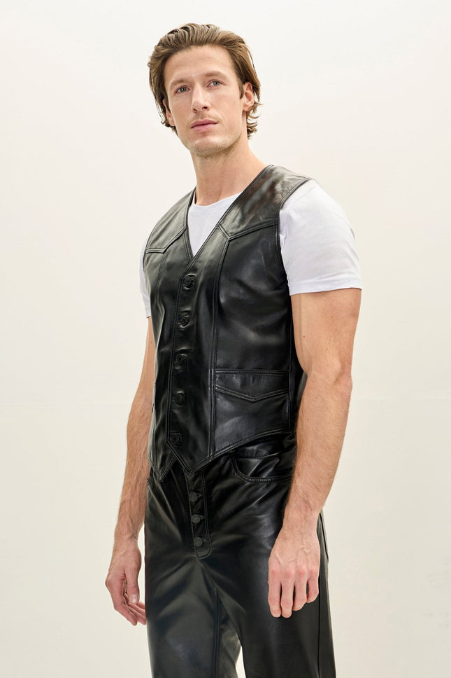 Men's Club-Style Lambskin Leather Vest - Black | Ron Tomson
