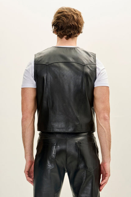 Men's Club-Style Lambskin Leather Vest - Black | Ron Tomson
