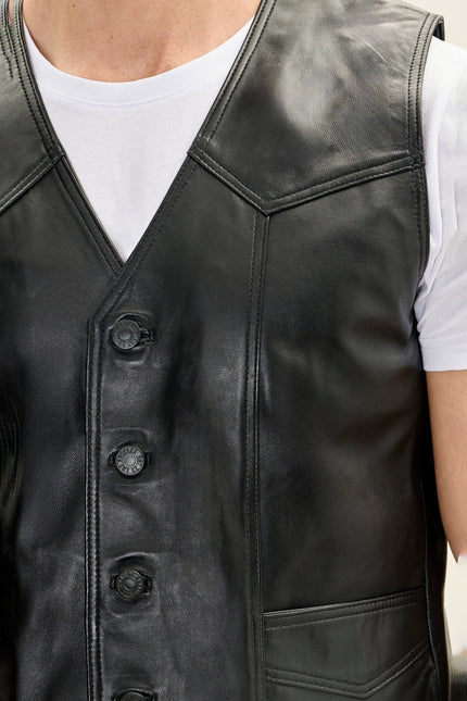Men's Club-Style Lambskin Leather Vest - Black | Ron Tomson