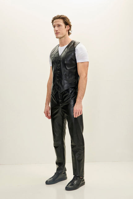 Men's Club-Style Lambskin Leather Vest - Black | Ron Tomson