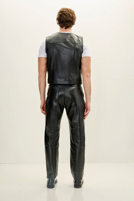 Men's Club-Style Lambskin Leather Vest - Black | Ron Tomson