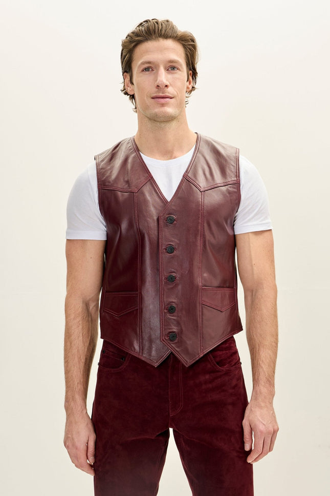 Men's Club-Style Lambskin Leather Vest - Burgundy | Ron Tomson