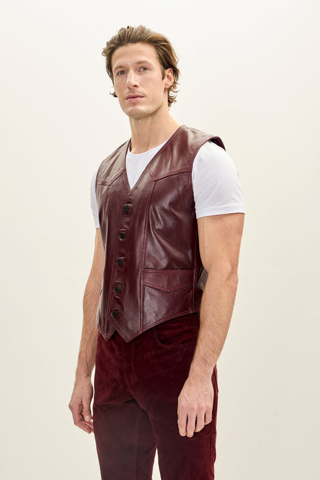 Men's Club-Style Lambskin Leather Vest - Burgundy | Ron Tomson